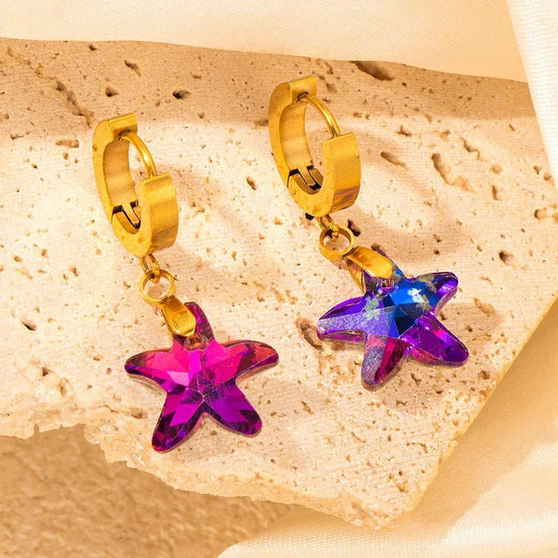Colorful Crystal Star & Palm Drop Earrings - Piña Colada