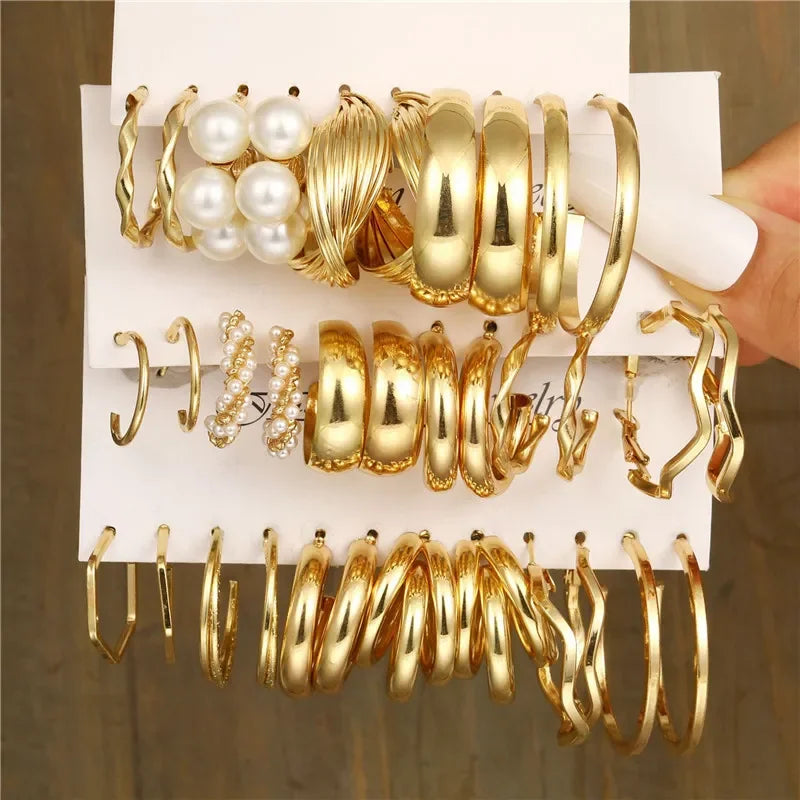 Modyle Geometric Pearl Hoop Earrings Set - Piña Colada