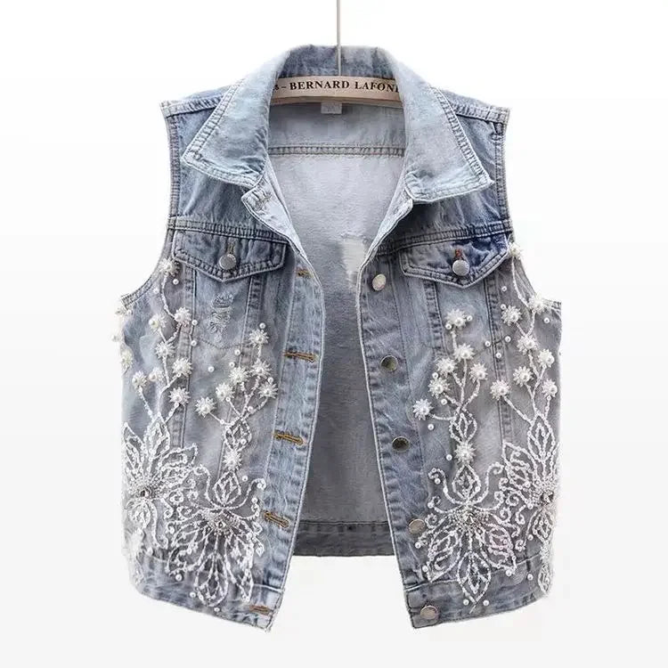 Beaded Lace Denim Vest - Piña Colada