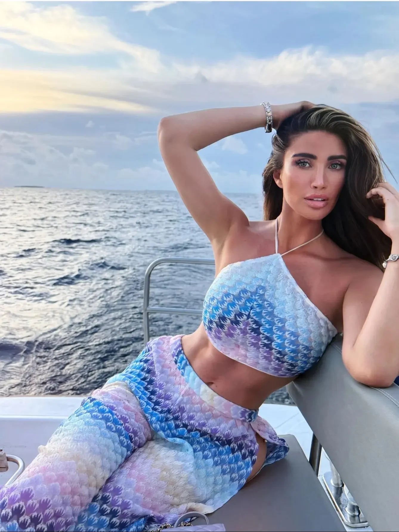 Printed Tube Top & Mesh Halter Pants Set - Piña Colada