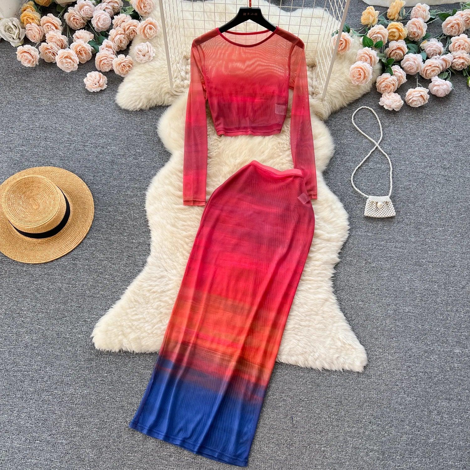 Two Piece Suits O Neck Midi Blouse+High Waist Colorful Bodycon - Piña Colada
