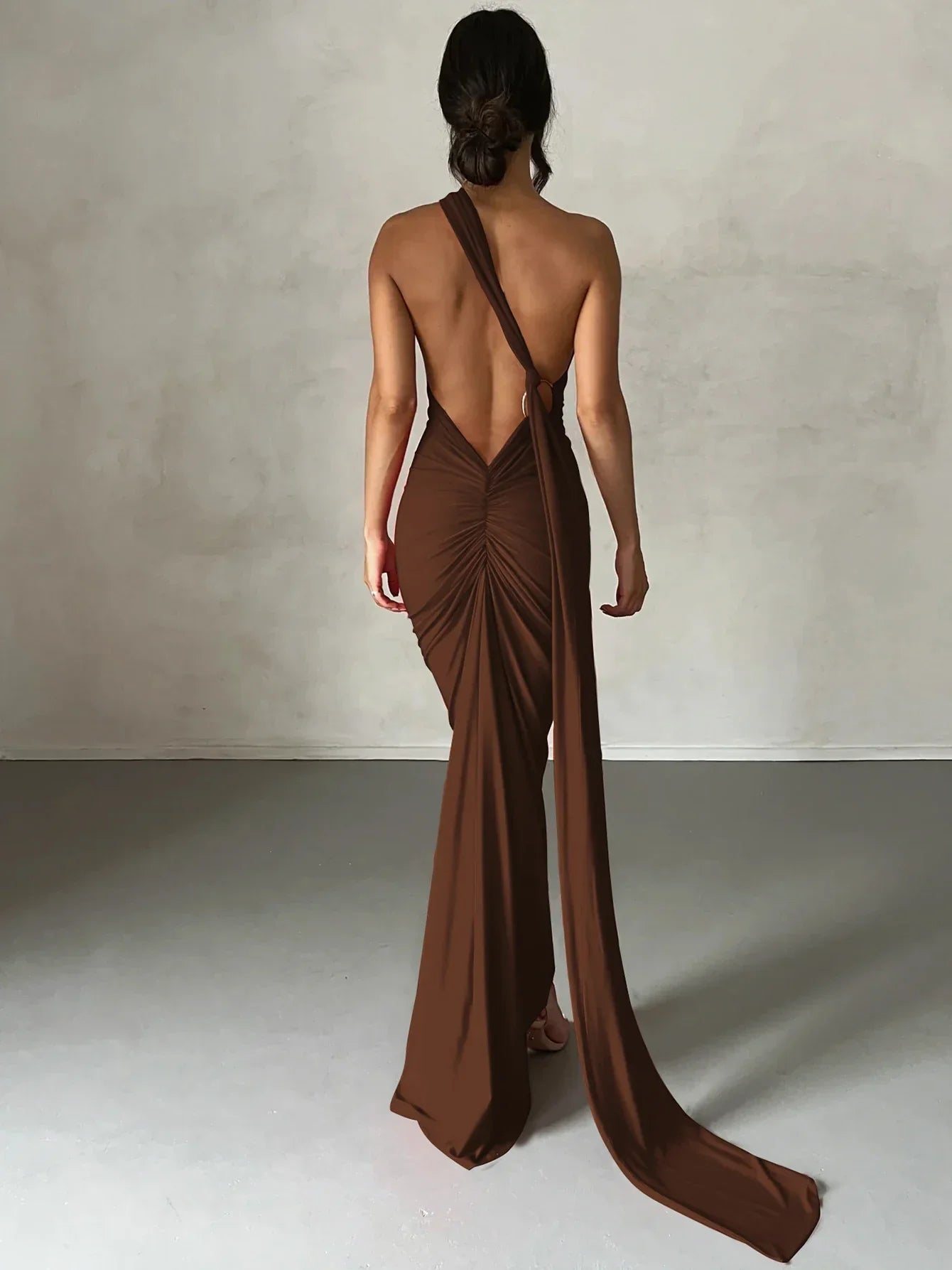 One Shoulder Backless Adjustable Scarf Maxi Dress - Piña Colada