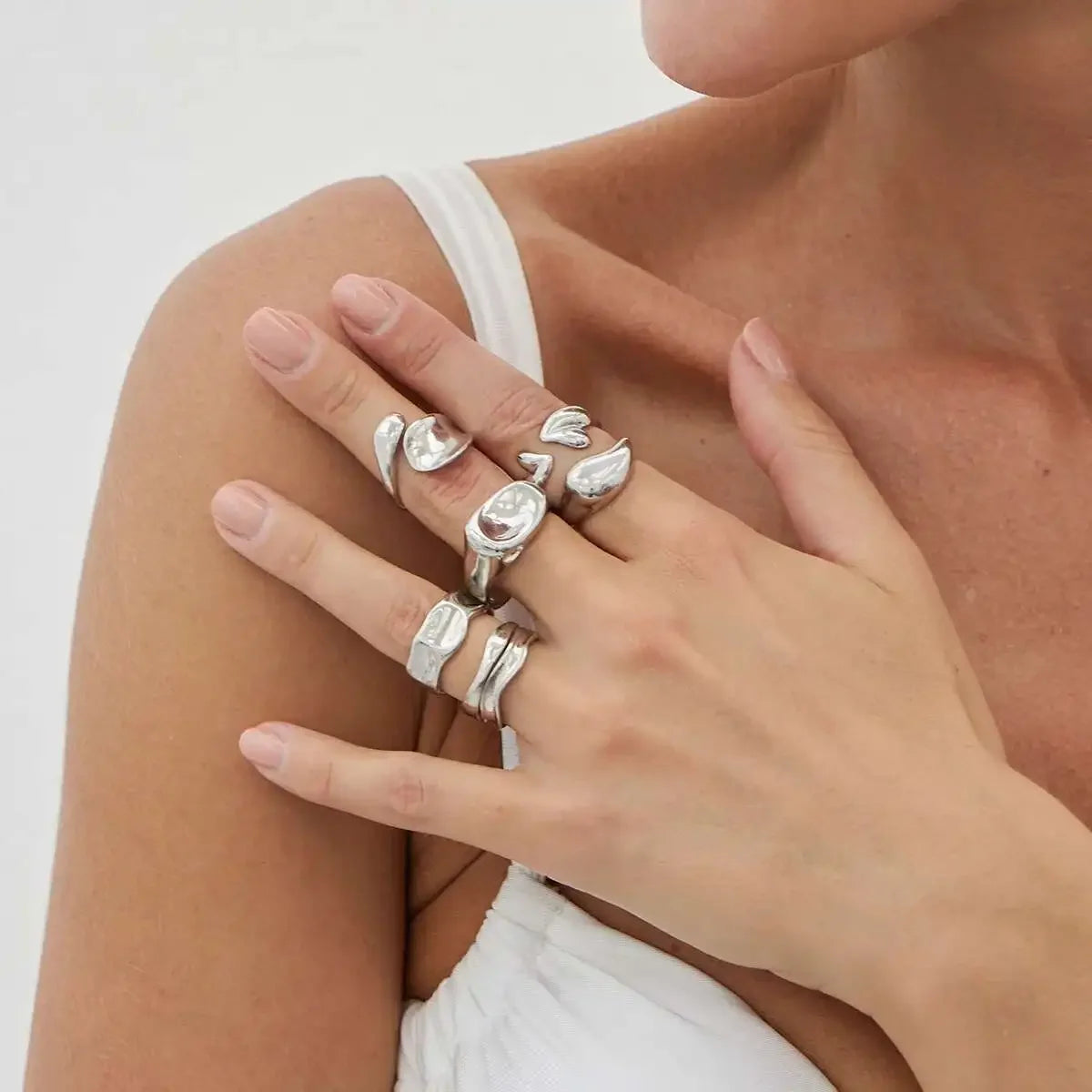 6Pcs/set Pearl Open Irregular Pleated Rings - Piña Colada