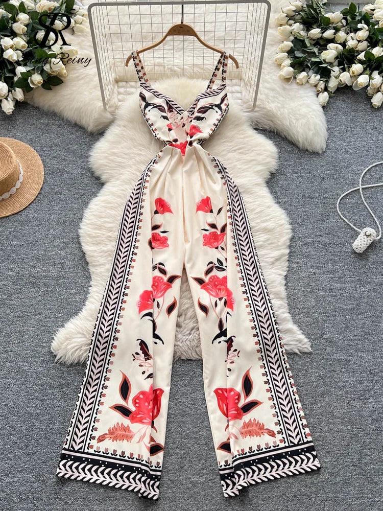 Vintage Printed Jumpsuit for Women – Full-Length Summer Romper with Mid Waist - Piña Colada