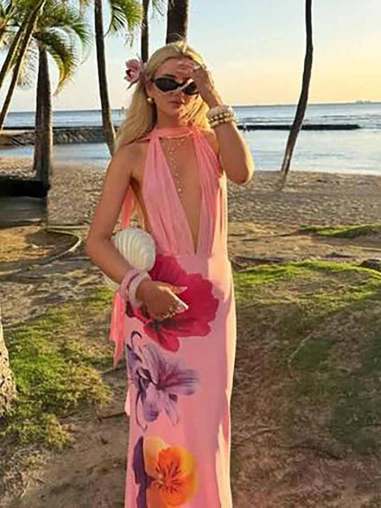 Flower Print Dress Women Backless - Piña Colada
