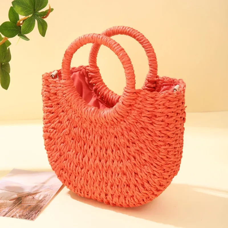 Straw Rattan Half-Moon Beach Handbag - Piña Colada