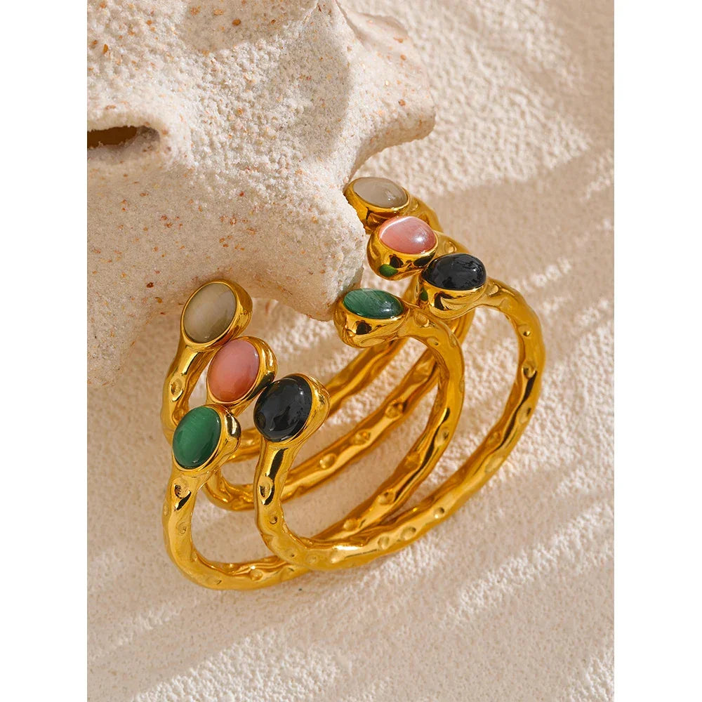 Stainless Steel Multicolored Stone Golden Cuff - Piña Colada