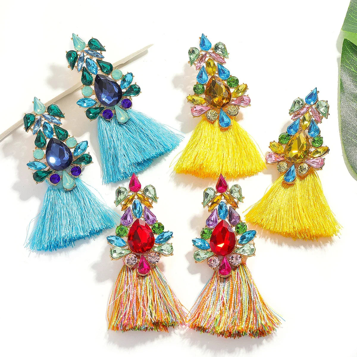 Boho Rhinestone Leaf Tassel Earrings – Statement Dangle Earrings for Women - Piña Colada