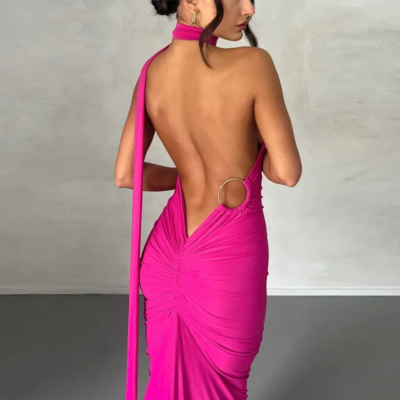 One Shoulder Backless Adjustable Scarf Maxi Dress - Piña Colada