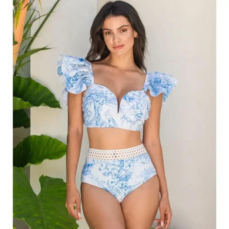 Printed Mesh Contrast Bikini Set with Removable Padding - Piña Colada