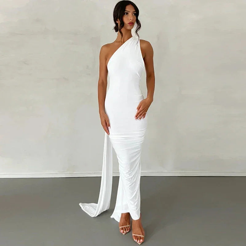 One Shoulder Backless Adjustable Scarf Maxi Dress - Piña Colada