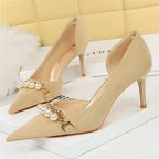 Pointed Toe Pearl Metal Chain Side Chain Pumps - Piña Colada