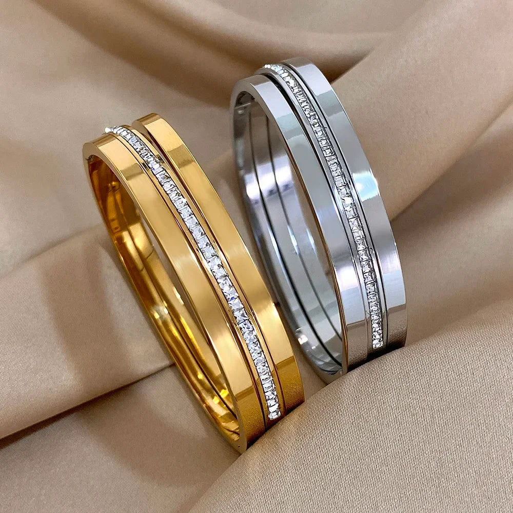 3pcs Glossy Rhinestone Stainless Steel Bangle - Piña Colada
