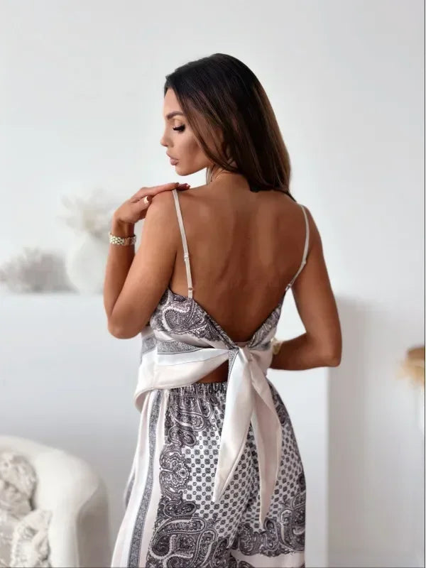 Satin Print Lace-Up Top & Wide-Leg - Piña Colada