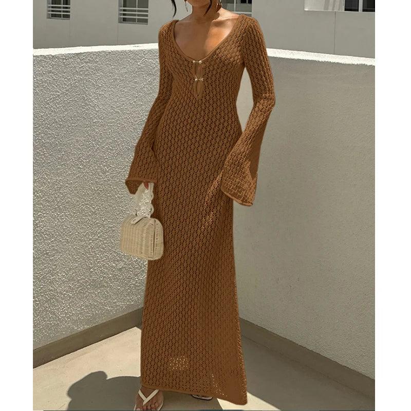Knitting Hollow Out V-Neck Long Sleeve Dress - Piña Colada