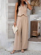 Summer V-Neck Button Crop Top & Wide-Leg Pants Set - Piña Colada