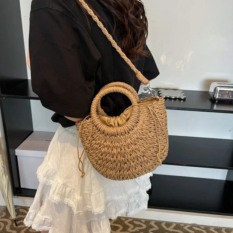 Boho Rattan Half-Moon Crossbody Bag – Handwoven Summer Straw Shoulder Purse - Piña Colada