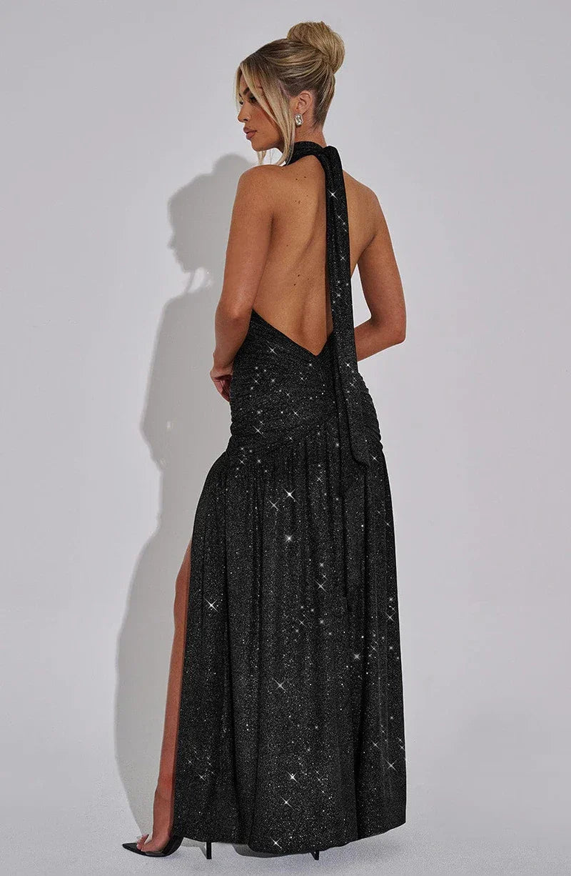 Mozision Sequin V-Neck Floor-Length Dress – Sexy & Club Evening Gown - Piña Colada