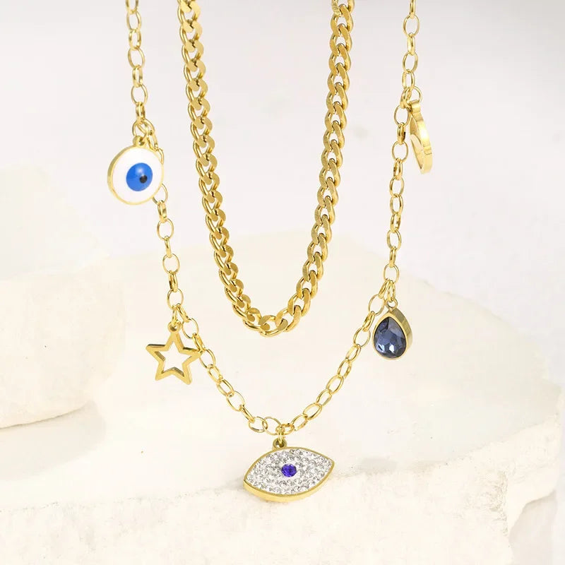 Double Layer Hollow Star & Eye Pendant Necklace - Piña Colada