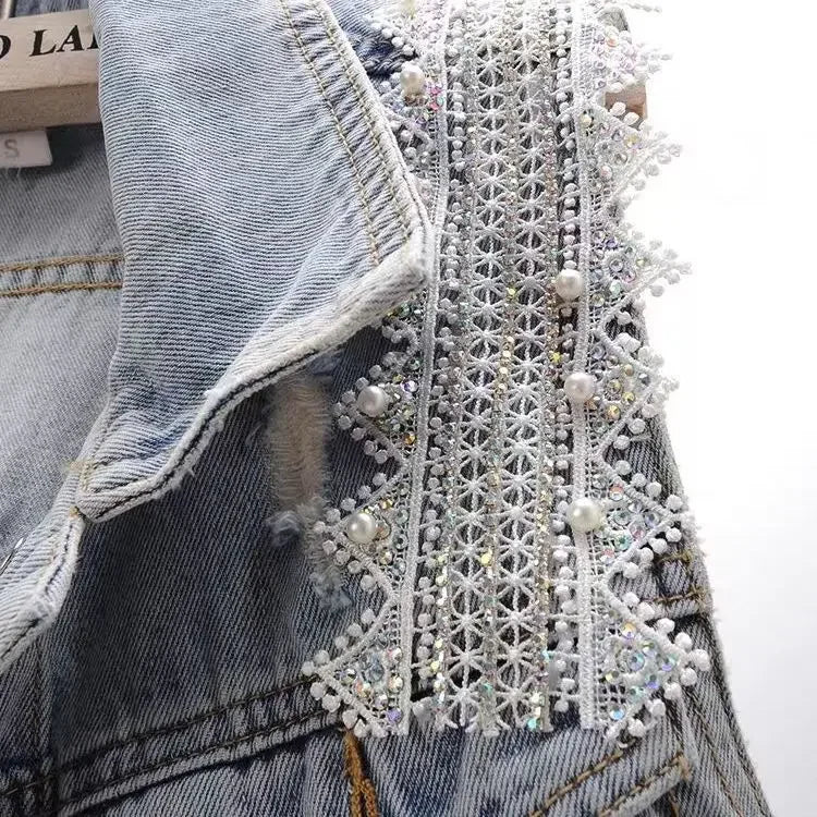 Beaded Lace Denim Vest - Piña Colada