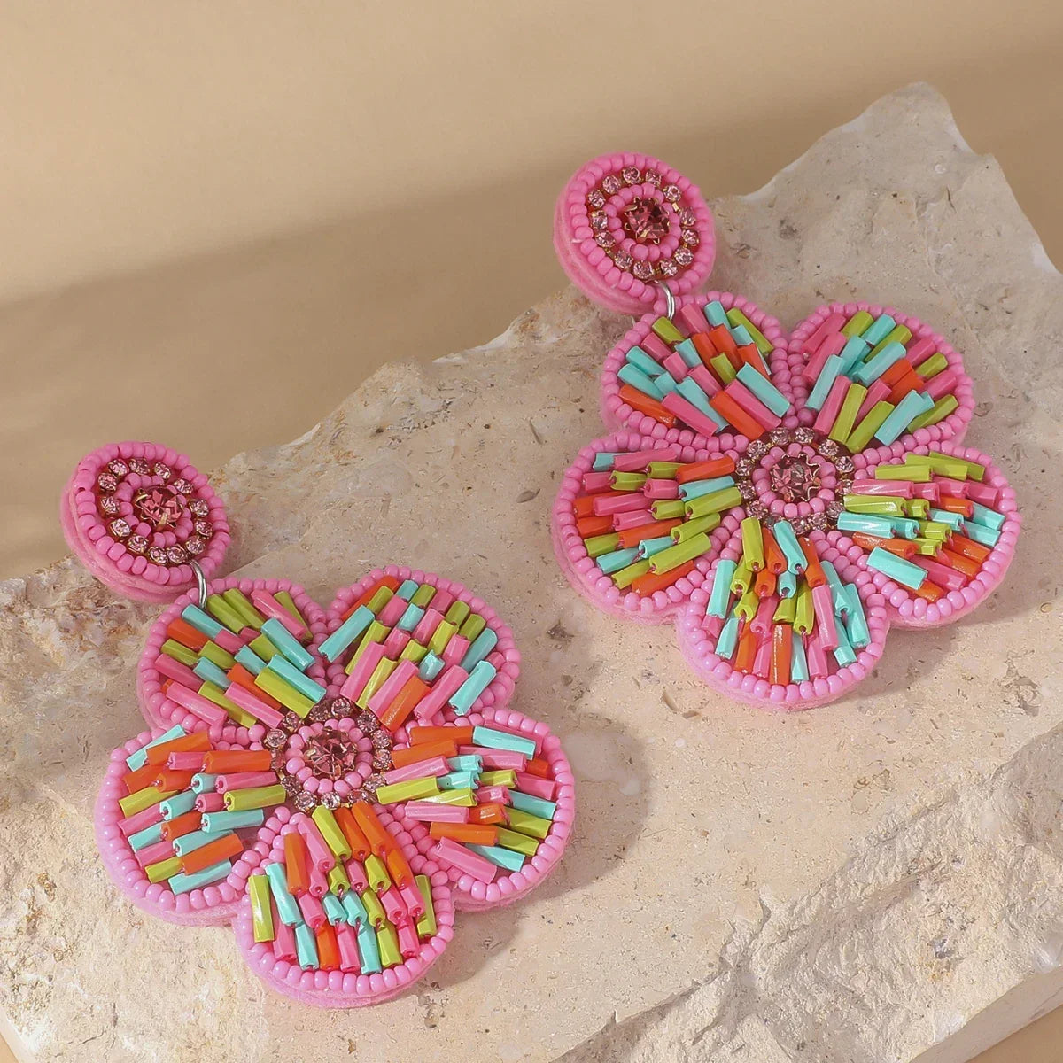Bohemain Ethnic Handmade Pink Flower Seed Beads Earrings - Piña Colada
