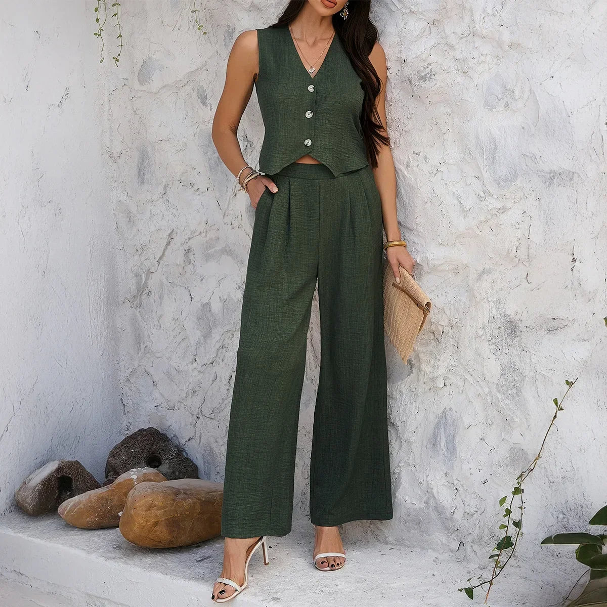 Summer V-Neck Button Crop Top & Wide-Leg Pants Set - Piña Colada