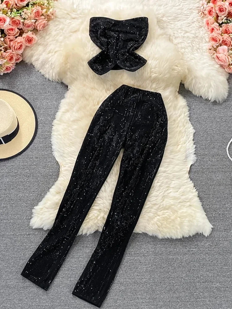 Rhinestone Slash Neck Crop Top & High Waist Pants Set - Piña Colada