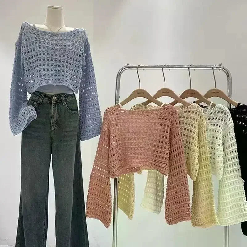 Boho Crochet Hollow-Out Knit Top – Y2K Style Long Sleeve Pullover - Piña Colada