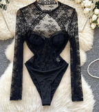 Lace Patchwork Long Sleeve Bodysuit - Piña Colada