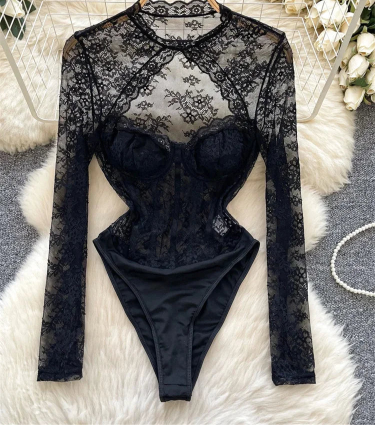 Lace Patchwork Long Sleeve Bodysuit - Piña Colada