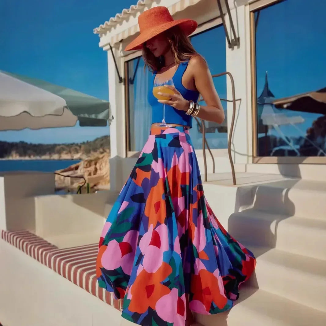 Long Printed Halter Neck Midi Skirt - Piña Colada