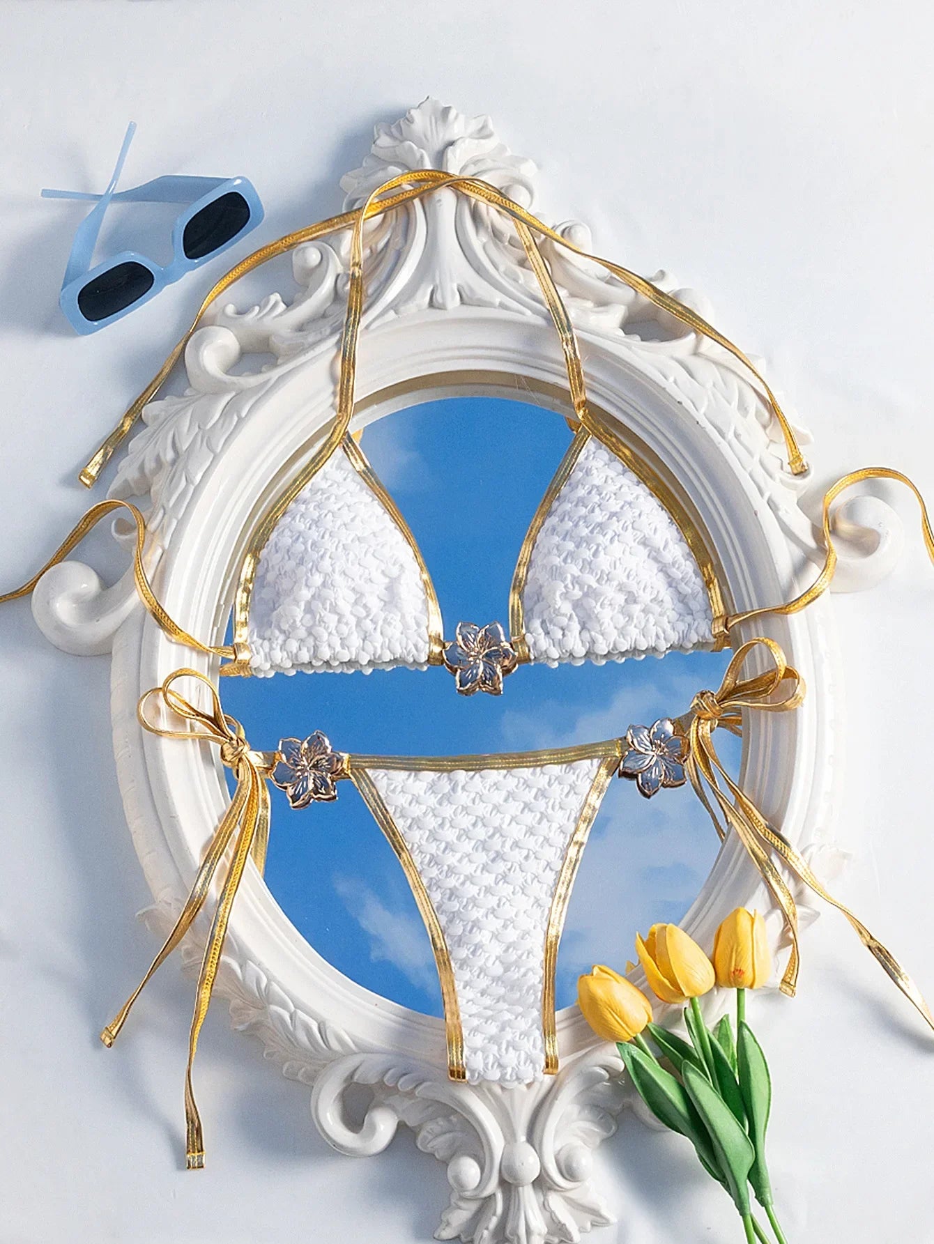 Sexy White Gold Patchwork Bikini Set - Piña Colada