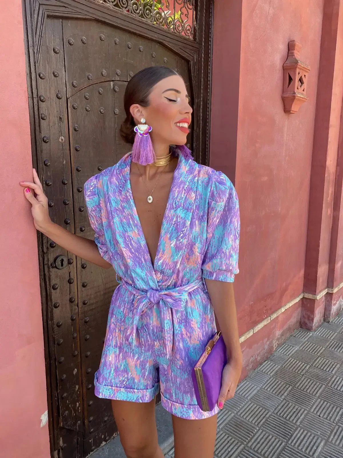 Printed Casual Trendy V-neck Puff Sleeve Elastic Waist Jumpsuits - Piña Colada