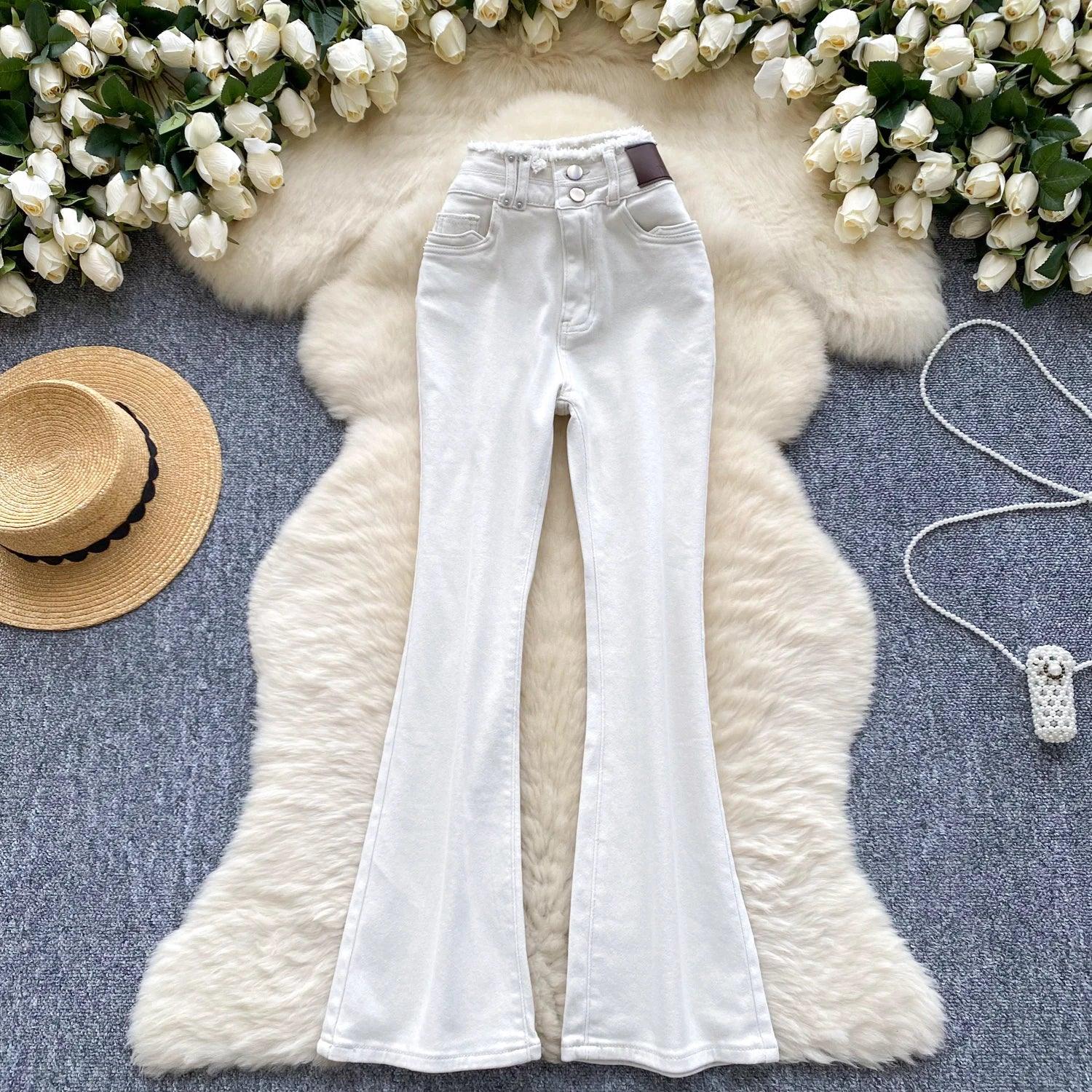 High-Waisted Flared Denim Pants with Faux Zippers – Streetwear Style - Piña Colada