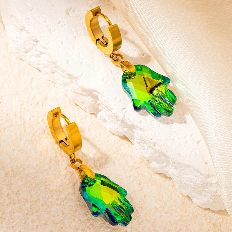 Colorful Crystal Star & Palm Drop Earrings - Piña Colada