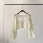 Boho Crochet Hollow-Out Knit Top – Y2K Style Long Sleeve Pullover - Piña Colada