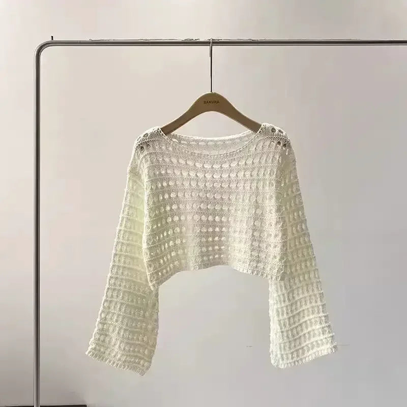 Boho Crochet Hollow-Out Knit Top – Y2K Style Long Sleeve Pullover - Piña Colada