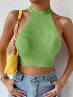 Backless Ribbed Knit Halter Crop Top – Slim Fit Casual Streetwear - Piña Colada