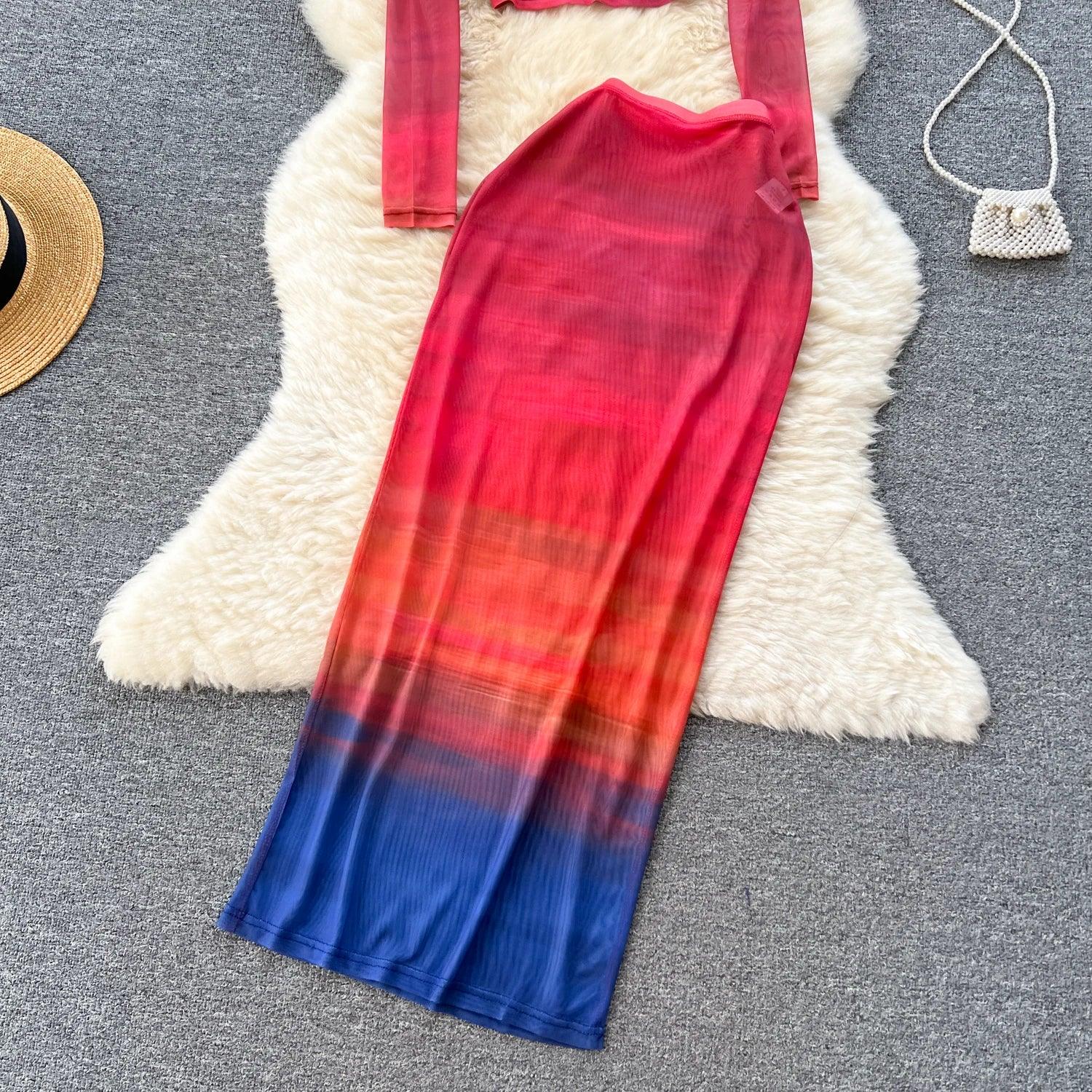 Two Piece Suits O Neck Midi Blouse+High Waist Colorful Bodycon - Piña Colada