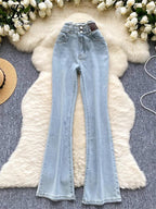 High-Waisted Flared Denim Pants with Faux Zippers – Streetwear Style - Piña Colada