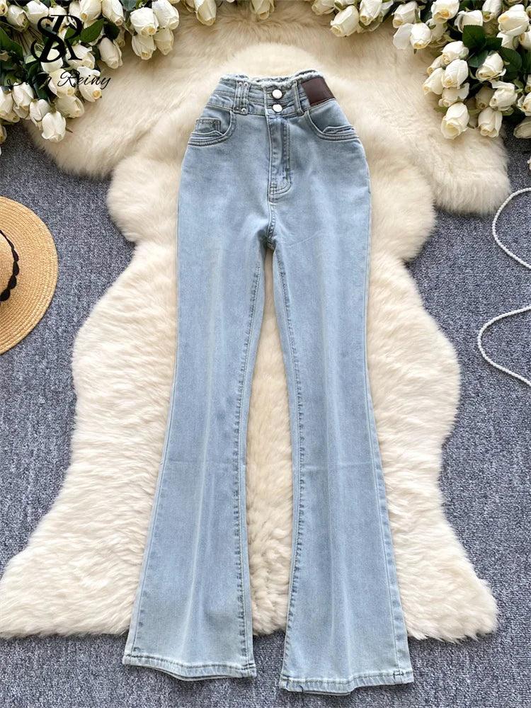 High-Waisted Flared Denim Pants with Faux Zippers – Streetwear Style - Piña Colada