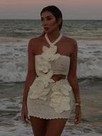 3D Floral Knit Halter Mini Dress – Backless & Sexy for Summer - Piña Colada