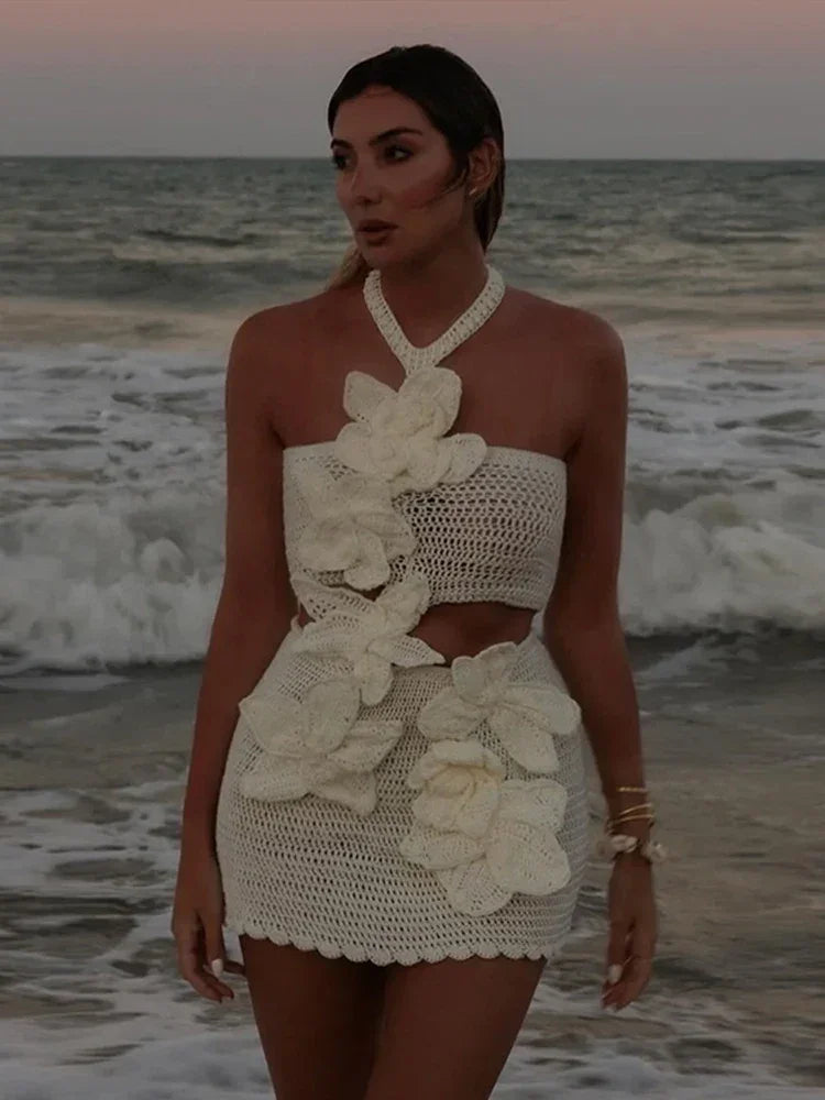 3D Floral Knit Halter Mini Dress – Backless & Sexy for Summer - Piña Colada