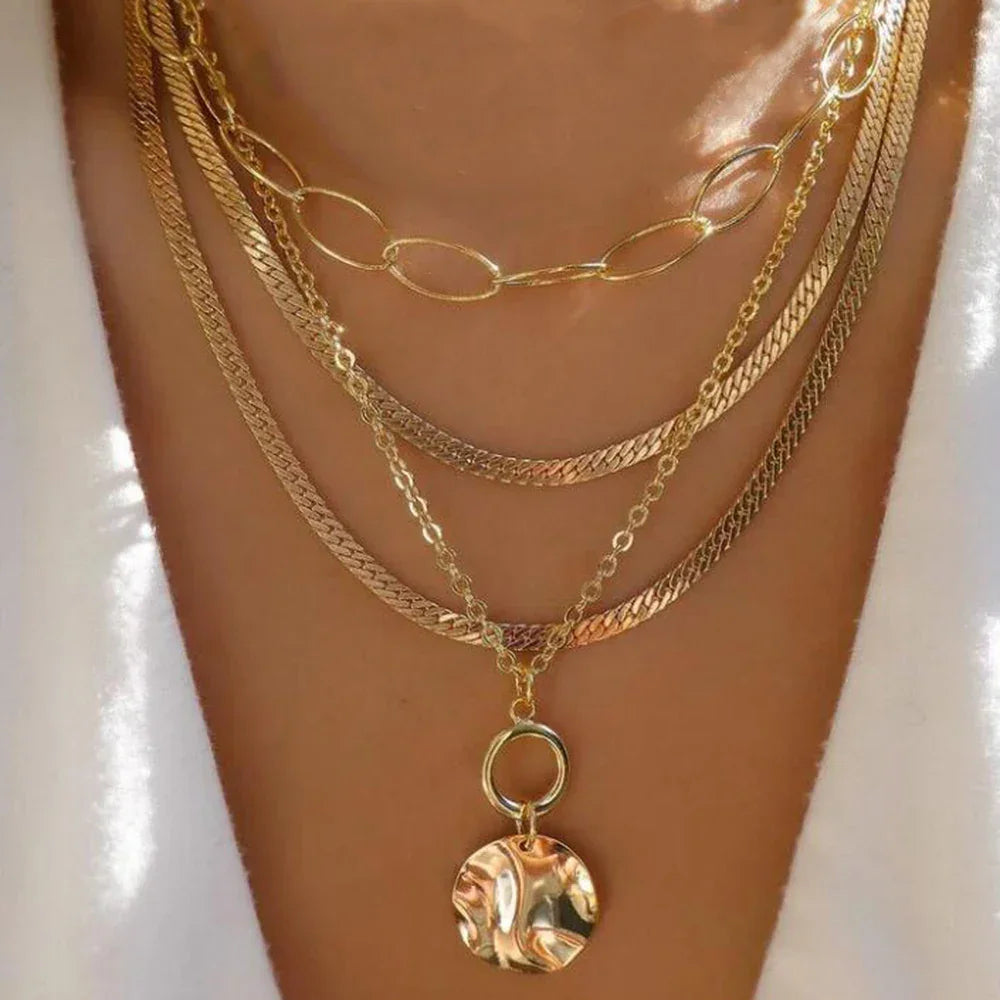 Boho Multi-Layer Gold Crystal Pendant Necklace Set - Piña Colada