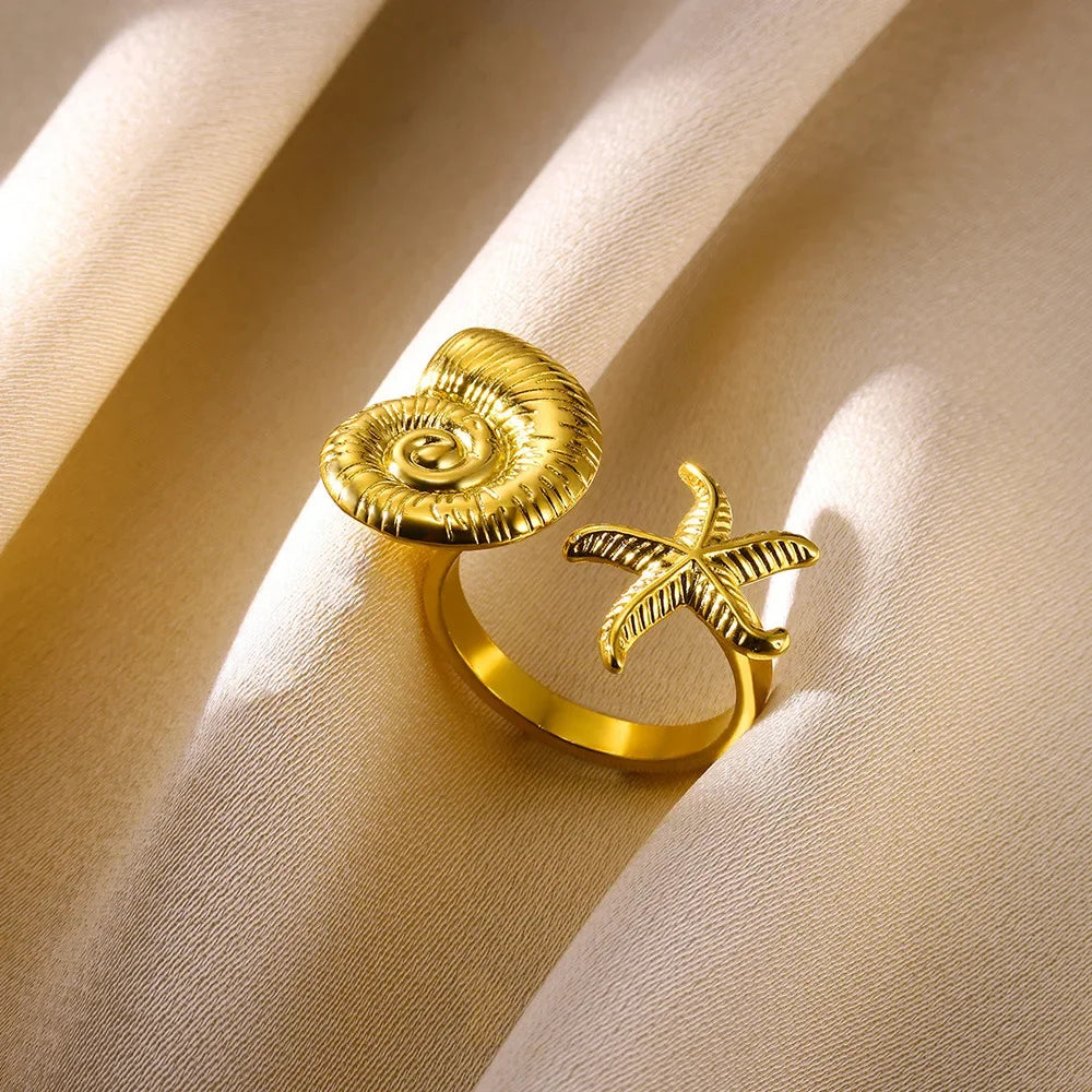 Gold Ocean Starfish & Shell Open Ring - Piña Colada