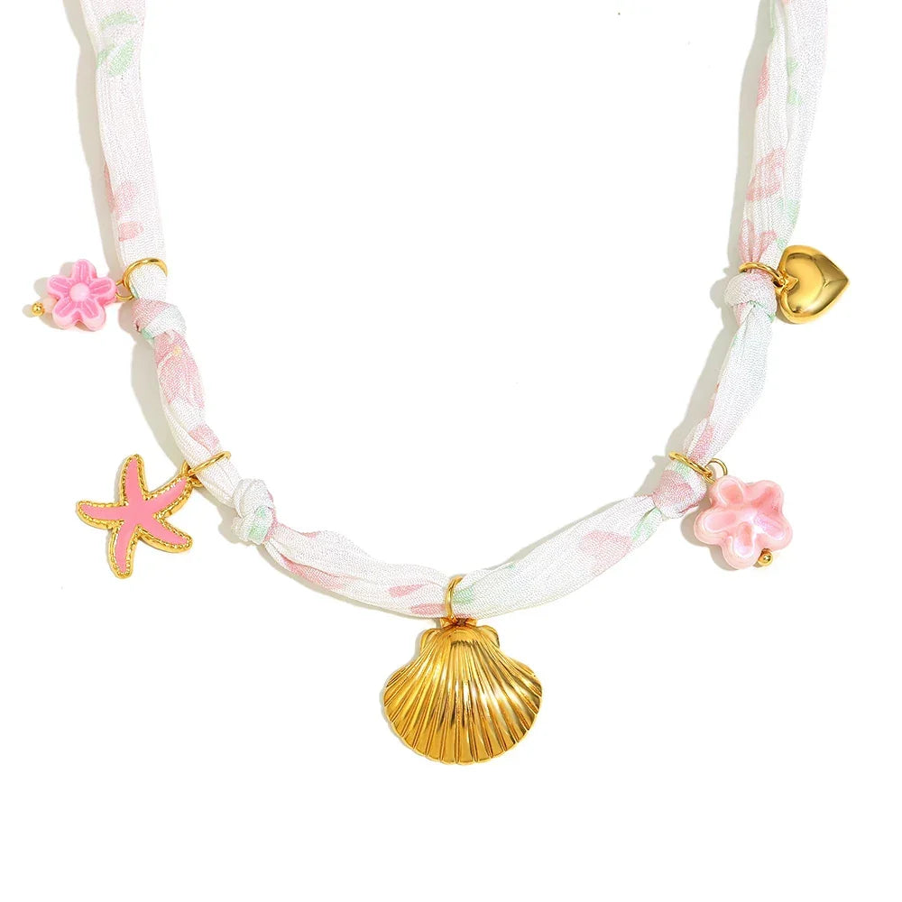 Ribbon Flower Starfish Necklace - Piña Colada