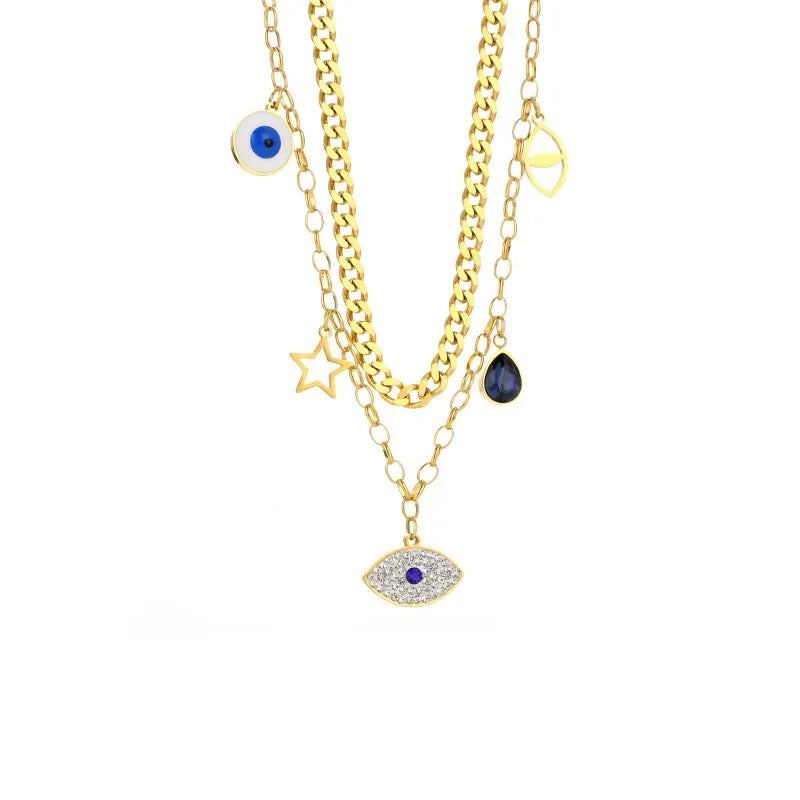 Double Layer Hollow Star & Eye Pendant Necklace - Piña Colada