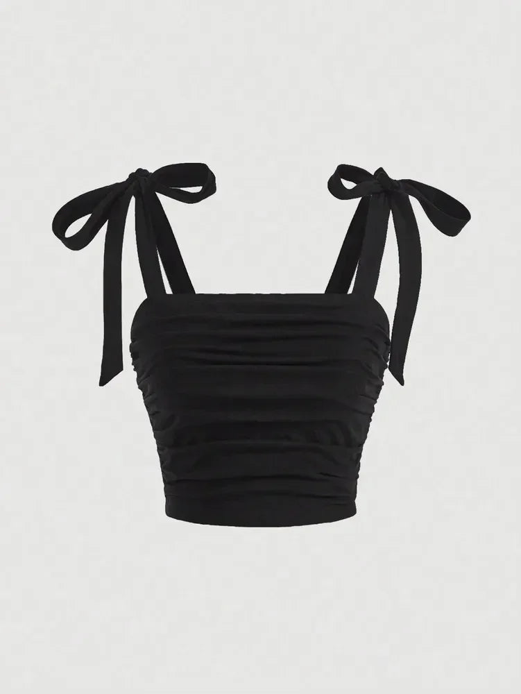 Solid Tie Shoulder Ruched Wide Crop Top - Piña Colada