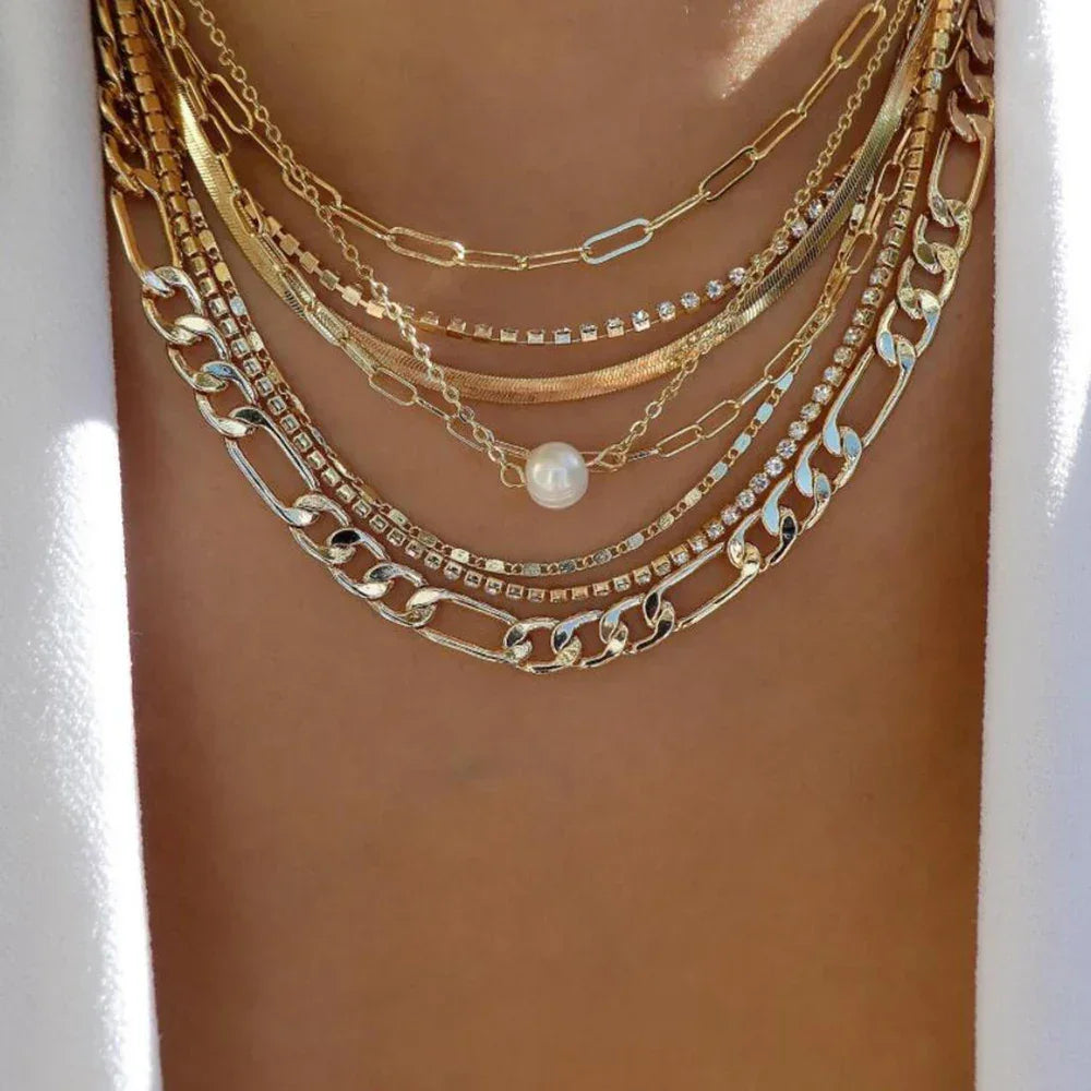 Boho Multi-Layer Gold Crystal Pendant Necklace Set - Piña Colada