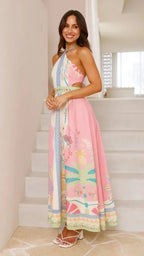 Floral Lace-Up Backless Camisole Dress – Knee-Length Elegance - Piña Colada